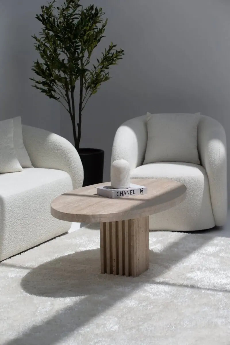 Table Basse Ovale en Travertin avec Base en Lamelles de Travertin (2 Tailles)