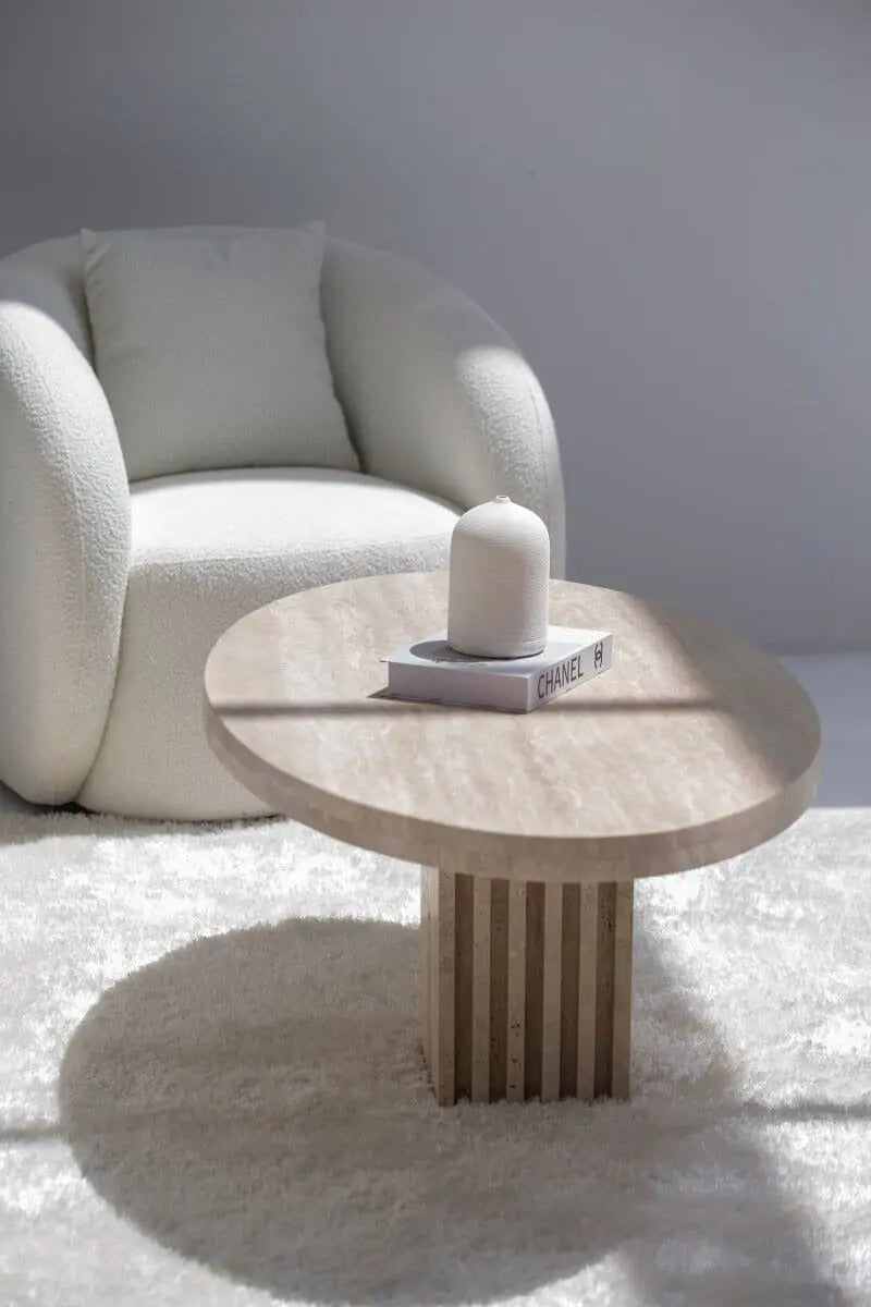 Table Basse Ovale en Travertin avec Base en Lamelles de Travertin (2 Tailles)