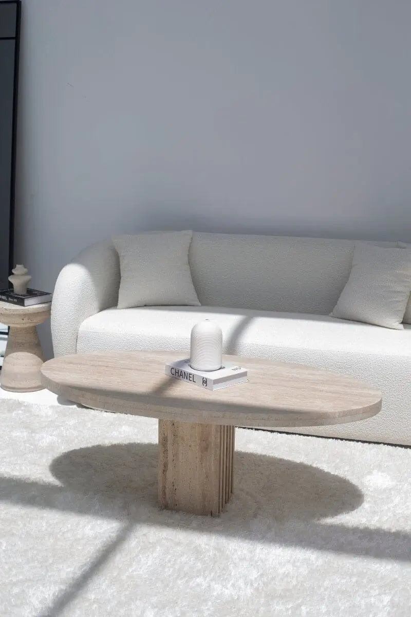 Table Basse Ovale en Travertin avec Base en Lamelles de Travertin (2 Tailles)