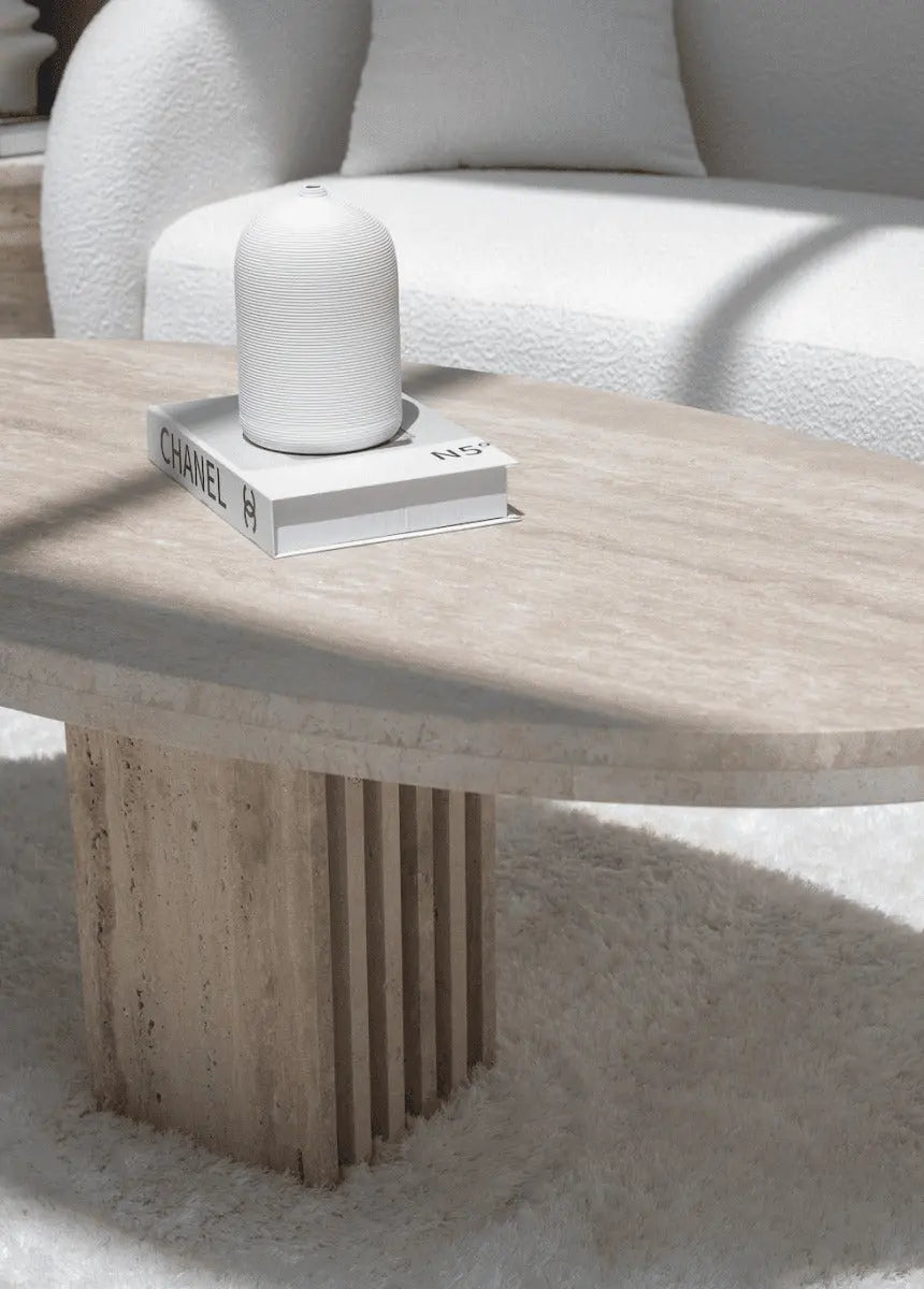 Table Basse Ovale en Travertin avec Base en Lamelles de Travertin (2 Tailles)