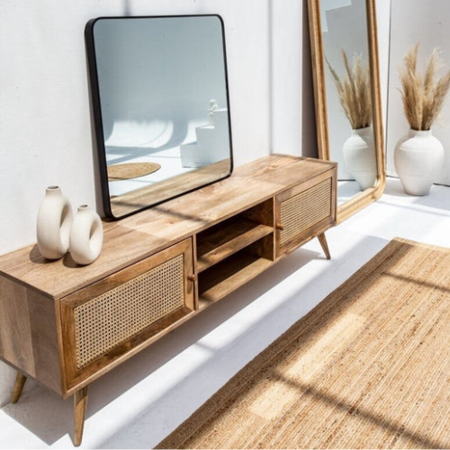 Meuble TV en Noyer Massif et Cannage - Design Personnalisable