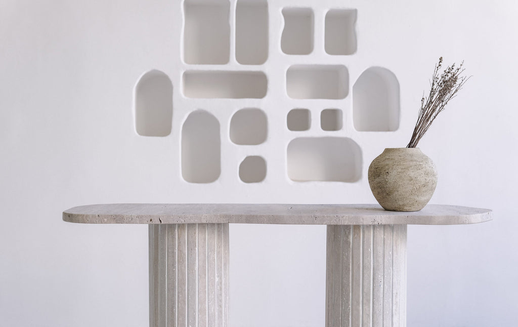 Console en Travertin avec Pieds Striés