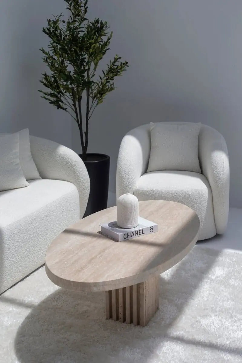 Table Basse Ovale en Travertin avec Base en Lamelles de Travertin (2 Tailles)